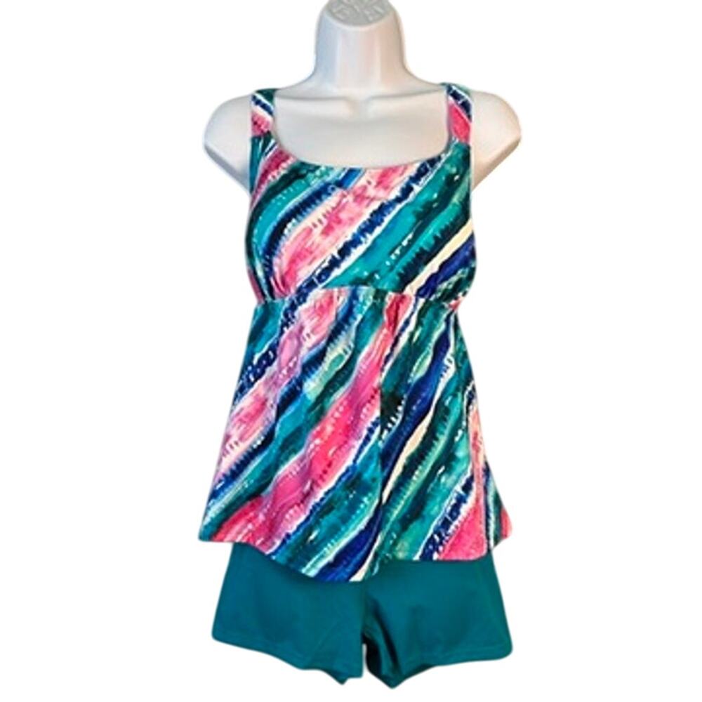 NWT Kim Gravel Tankini Womens 16 Teal Pink Swim Suit Tropical Coastal Island - Picture 2 of 8